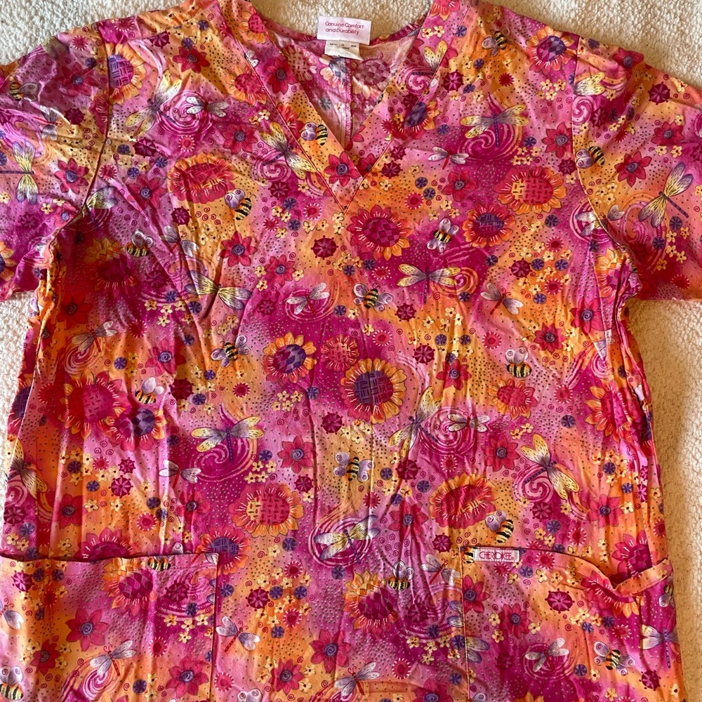 Colorful Floral Scrub Top pink with Sunflowers
